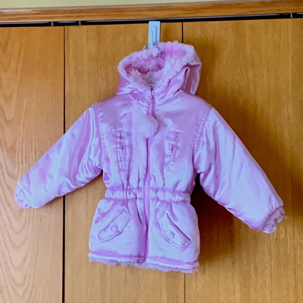 Big Chill 24 mos reversible satin faux fur Pom Pom pink zip toddler coat jacket